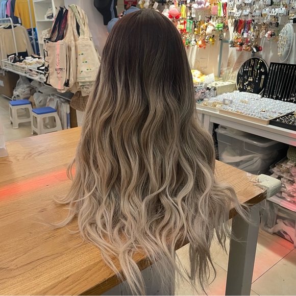 Human hair blend lace front ash blonde with dark roots wavy wig. main image 11
